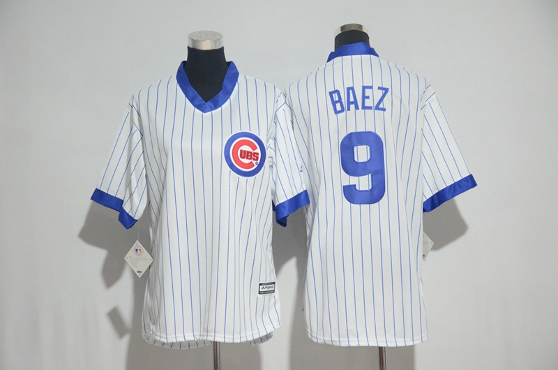 Womens 2017 MLB Chicago Cubs #9 Baez White stripe Jerseys->women mlb jersey->Women Jersey